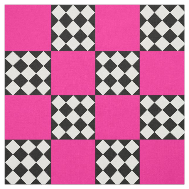 Rosa Schwarz-weißes Harlequin Square Form Textil Stoff (Muster)