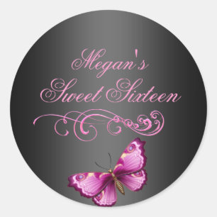 Rosa/schwarze Butterfly Sweet 16 Umschlag Aufklebe Runder Aufkleber