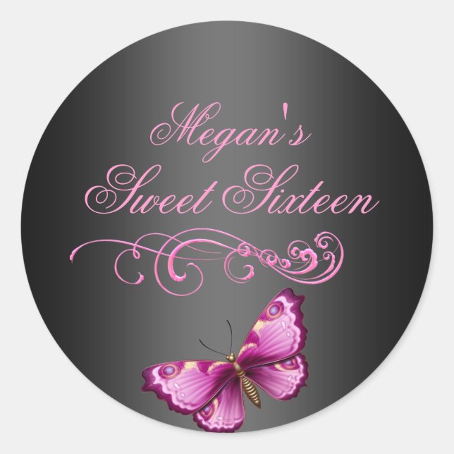 Rosa/schwarze Butterfly Sweet 16 Umschlag Aufklebe Runder Aufkleber (Vorderseite)
