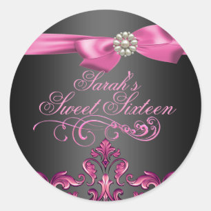 Rosa/schwarze Damaske & Bow Sweet 16 Umschlag Aufk Runder Aufkleber
