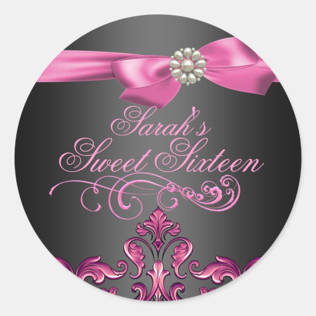 Rosa/schwarze Damaske & Bow Sweet 16 Umschlag Aufk Runder Aufkleber (Vorderseite)