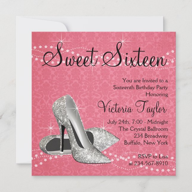 Rosa schwarze Damaske High Heels Sweet 16 Party Einladung (Vorderseite)