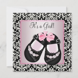 Rosa-schwarze Damast-Schuhe Baby-Mädchen-Party Einladung