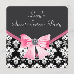 Rosa schwarze Damast Sweet 16 Party Einladung