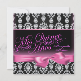 Rosa/schwarze Diamant & Bow Quinceanera Einladung
