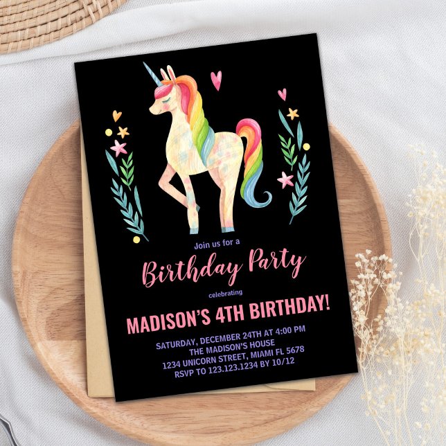 Rosa Schwarze Einhorn Geburtstagseinladungen Einladung (Pink Black Unicorn Birthday Invitations)