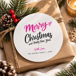 Rosa Schwarze Frohe Weihnachten Script Typografie Runder Aufkleber