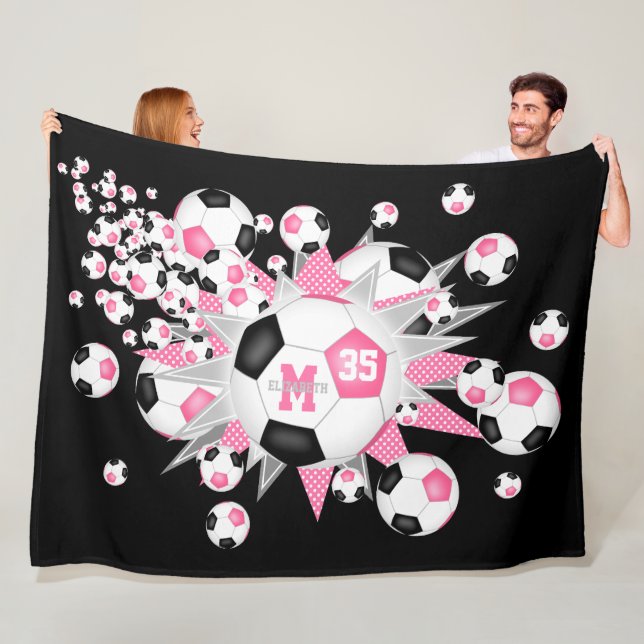Rosa schwarze Fußball-Bälle Stars Mädchensportdeko Fleecedecke (Beispiel)