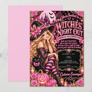 Rosa-schwarze Glam-Hexen-Nacht-Halloween-Party Einladung
