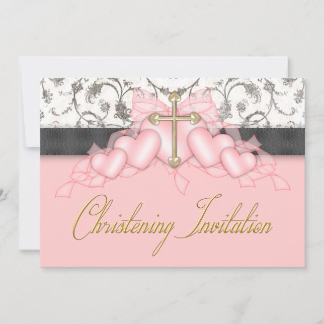 Rosa Schwarze Gold Cross Girls Rosa Christening Einladung (Vorderseite)