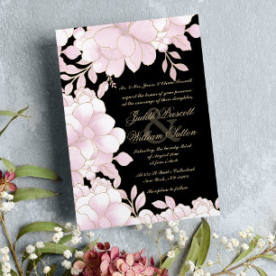 Rosa schwarze Goldfolie elegante Blumenhochzeit Einladung