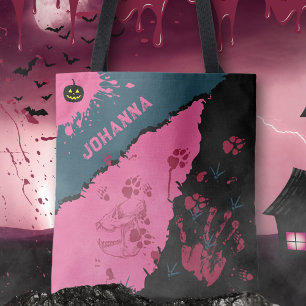 Rosa schwarze gruselige Pfotenabdrücke Halloween Tasche