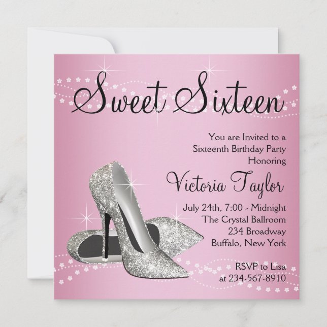 Rosa Schwarze High Heels Sweet 16 Party Einladung (Vorderseite)