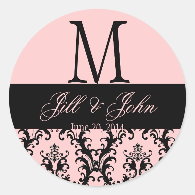 Rosa Schwarze Hochzeitsmonogramm Rett Datum Damask Runder Aufkleber (Vorderseite)