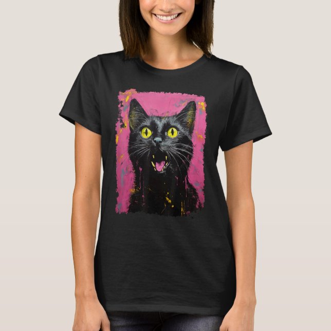 Rosa schwarze Katze T-Shirt (Vorderseite)