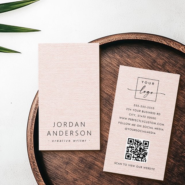 Rosa schwarze Leinen im Logo QR-Code-Visitenkarten (Blush pink linen look logo QR code business cards)