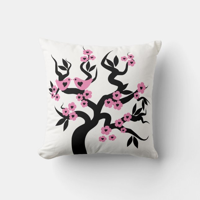 Rosa Schwarze Liebesvögel Sakura Kirschbaumblüten Kissen (Vorderseite)