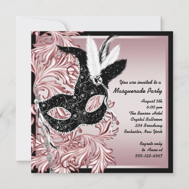 Rosa Schwarze Maske Rosa Schwarzes Party Einladung (Vorderseite)