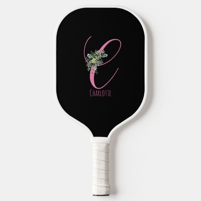 Rosa schwarze Monogramm-Blume, Buchstabe C Pickleball Schläger (Vorderseite)