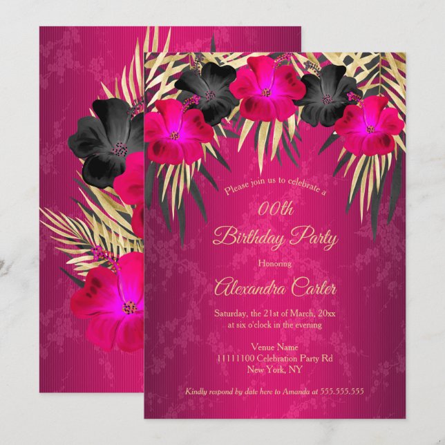 Rosa Schwarze Palmen Hibiskus Damask Party Einladung (Vorne/Hinten)