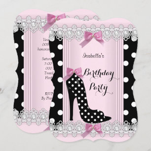 Rosa schwarze Polka Punkte High Heel Geburtstagsfe Einladung