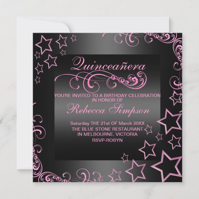 Rosa/schwarze Quinceñera Stern & Swirt laden ein Einladung (Vorderseite)