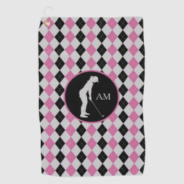 Rosa Schwarze Raute Silhouette Golfer Monogramm Golfhandtuch