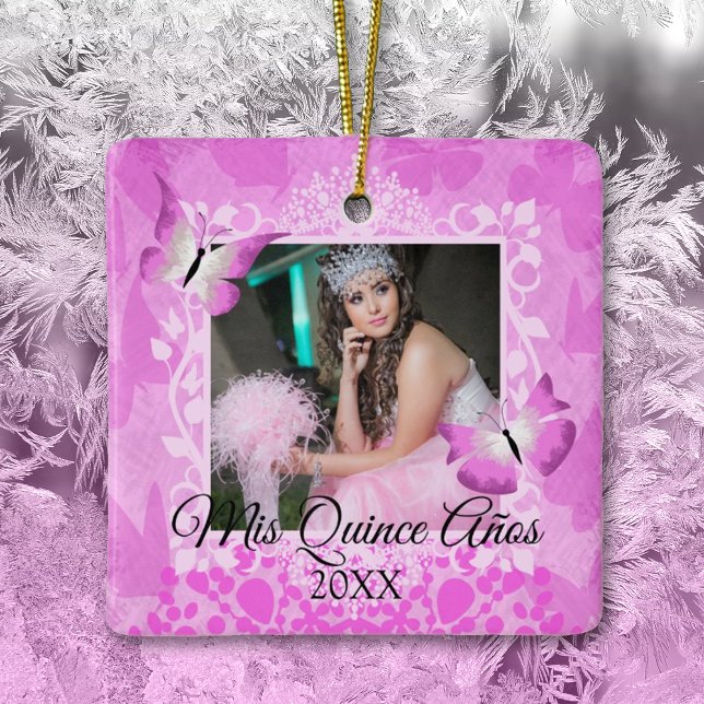 Rosa, Schwarze Schmetterlinge Quinceanera Foto Keramikornament (pink butterfly quinceanera christmas ornament pink mis quince anos pink quinceanera gifts)