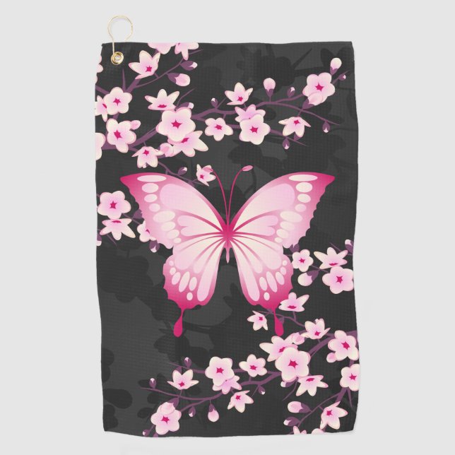 Rosa schwarze Schmetterlinge und Kirschblüten Golfhandtuch (Vorderseite)
