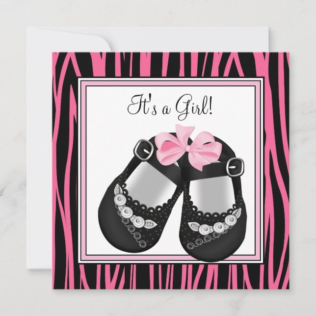 Rosa schwarze Schuhe Hot Pink Zebra Baby Dusche Einladung (Vorderseite)