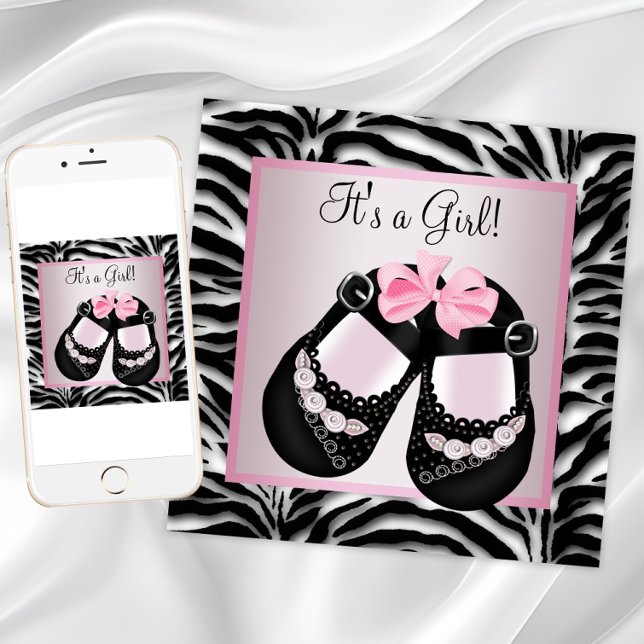 Rosa schwarze Schuhe Rosa Zebra Baby Dusche Einladung (Girl zebra baby shower invitations with shoes. Instant download and printed invitations available.)