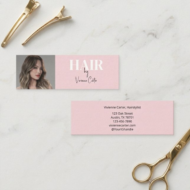 Rosa-Schwarze-Script-Foto-Friseur Mini Visitenkarte (Blush Pink Black Script Photo Hair Stylist Mini Business Card)