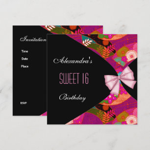 Rosa schwarze Sweet 16 Geburtstagsfeier Einladung 