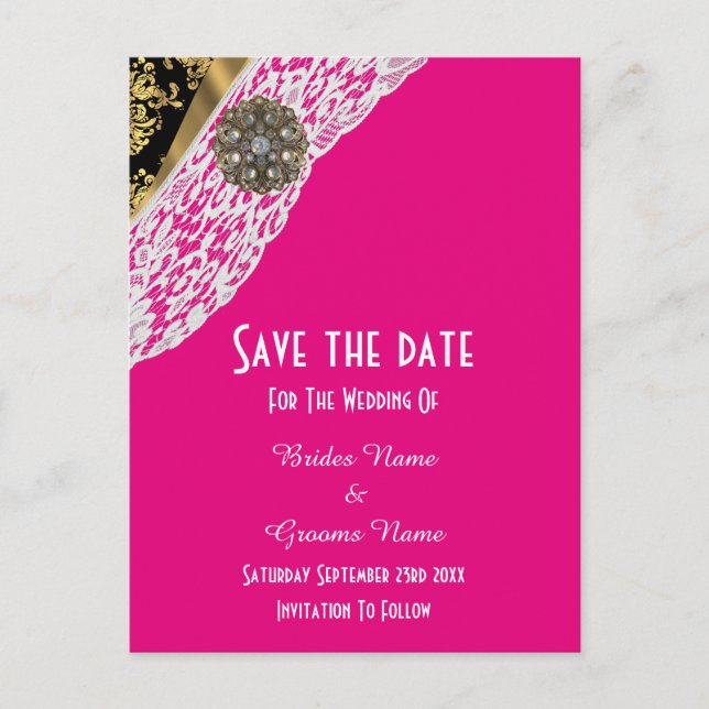 Rosa schwarze und goldweiße Spitze Save the Date Ankündigungspostkarte (Vorderseite)