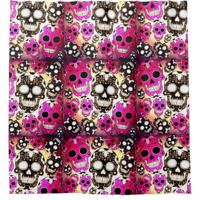 Rosa schwarze Zuckerschädel grunge Duschvorhang (Vorderseite)