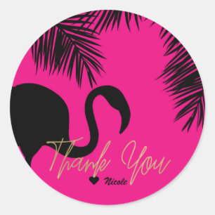 Rosa & schwarzer Flamingo & Palmwedel Tropenparty Runder Aufkleber