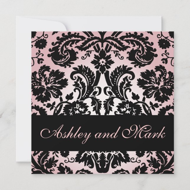 Rosa Schwarzer Floral Damask Einladung zur Hochzei (Vorderseite)