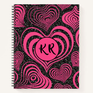 Rosa schwarzer Glamour abstrakter Herz-Monogramm-I Notizbuch