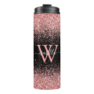 Rosa schwarzer Glitter elegantes Skript Name Monog Thermosbecher