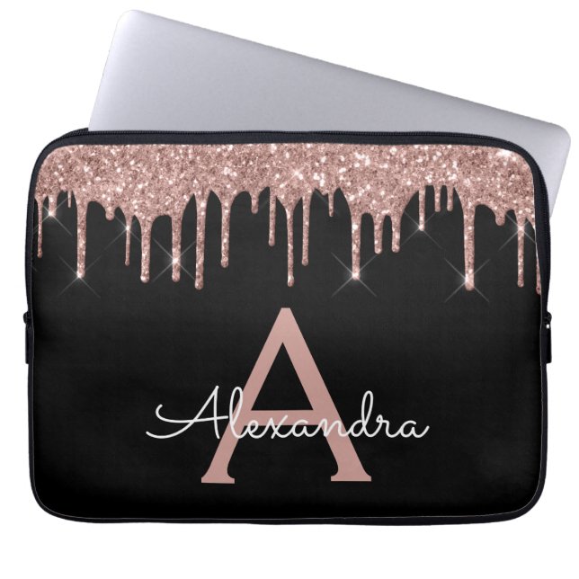Rosa Schwarzer Glitzer-Monogramm Laptopschutzhülle (Vorderseite)