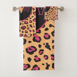 Rosa schwarzer Leopard Print Monogram Badhandtuch Set