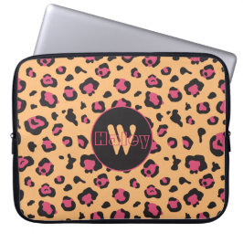 Rosa schwarzer Leopard Print Monogram Laptopschutzhülle