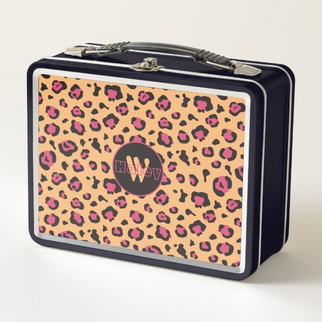 Rosa schwarzer Leopard Print Monogram Metall Brotdose (Vorderseite)