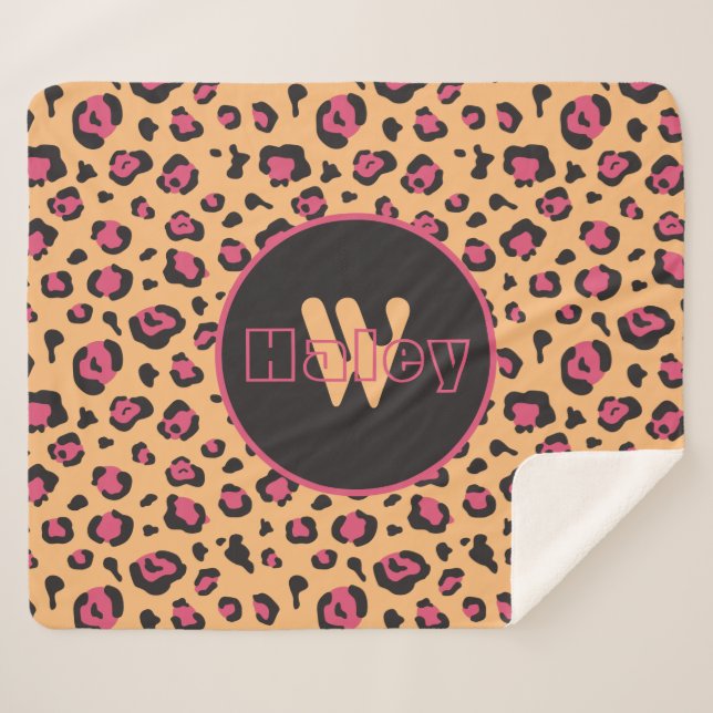 Rosa schwarzer Leopard Print Monogram Sherpadecke (Vorderseite (Horizontal))