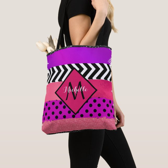 Rosa Schwarzer Lila Glitzer Pinselstriche Mit Mono Tasche (Von Nahem)