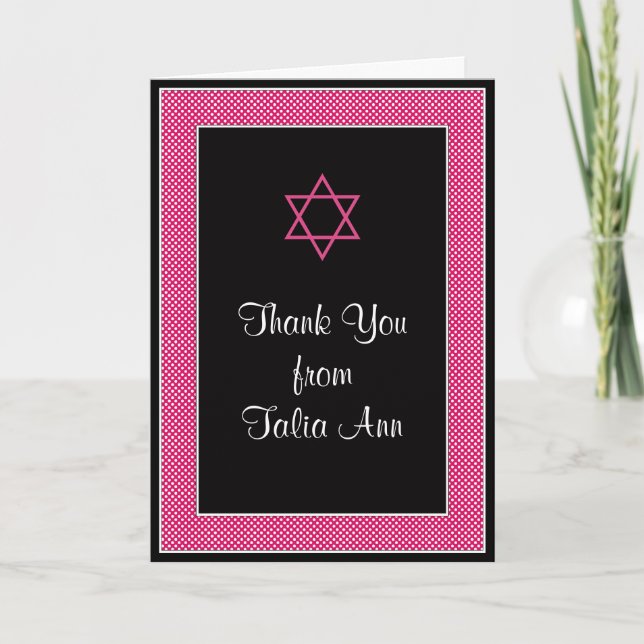 Rosa schwarzer Tupfen-Schläger Mitzvah danken Dankeskarte (Vorderseite)