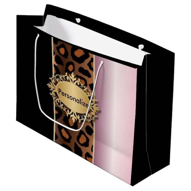 Rosa, Schwarzer und Leopard-Tierdruck Große Geschenktüte (Vorderseite Schrägansicht)