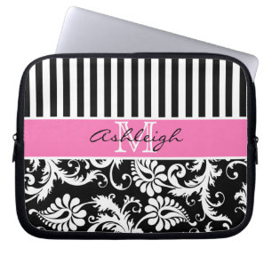 Rosa, schwarzer, weißer Damast Stripes Laptopschutzhülle