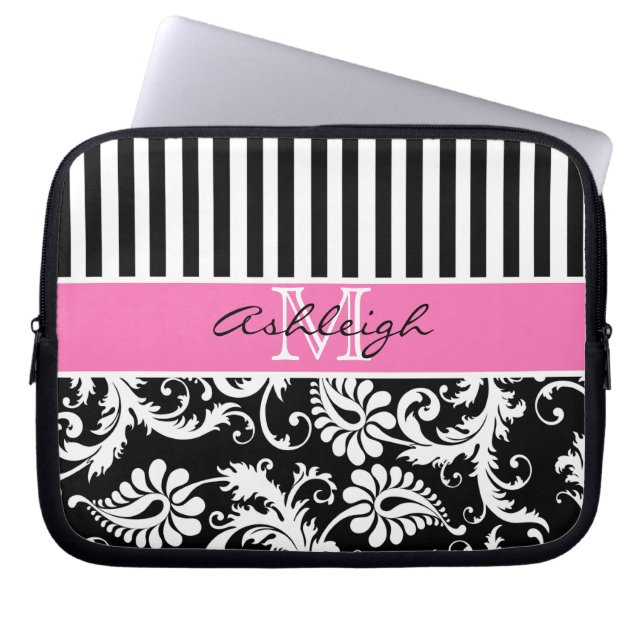 Rosa, schwarzer, weißer Damast Stripes Laptopschutzhülle (Vorderseite)