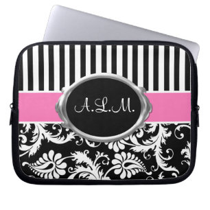Rosa, schwarzer, weißer Damast Stripes Laptopschutzhülle